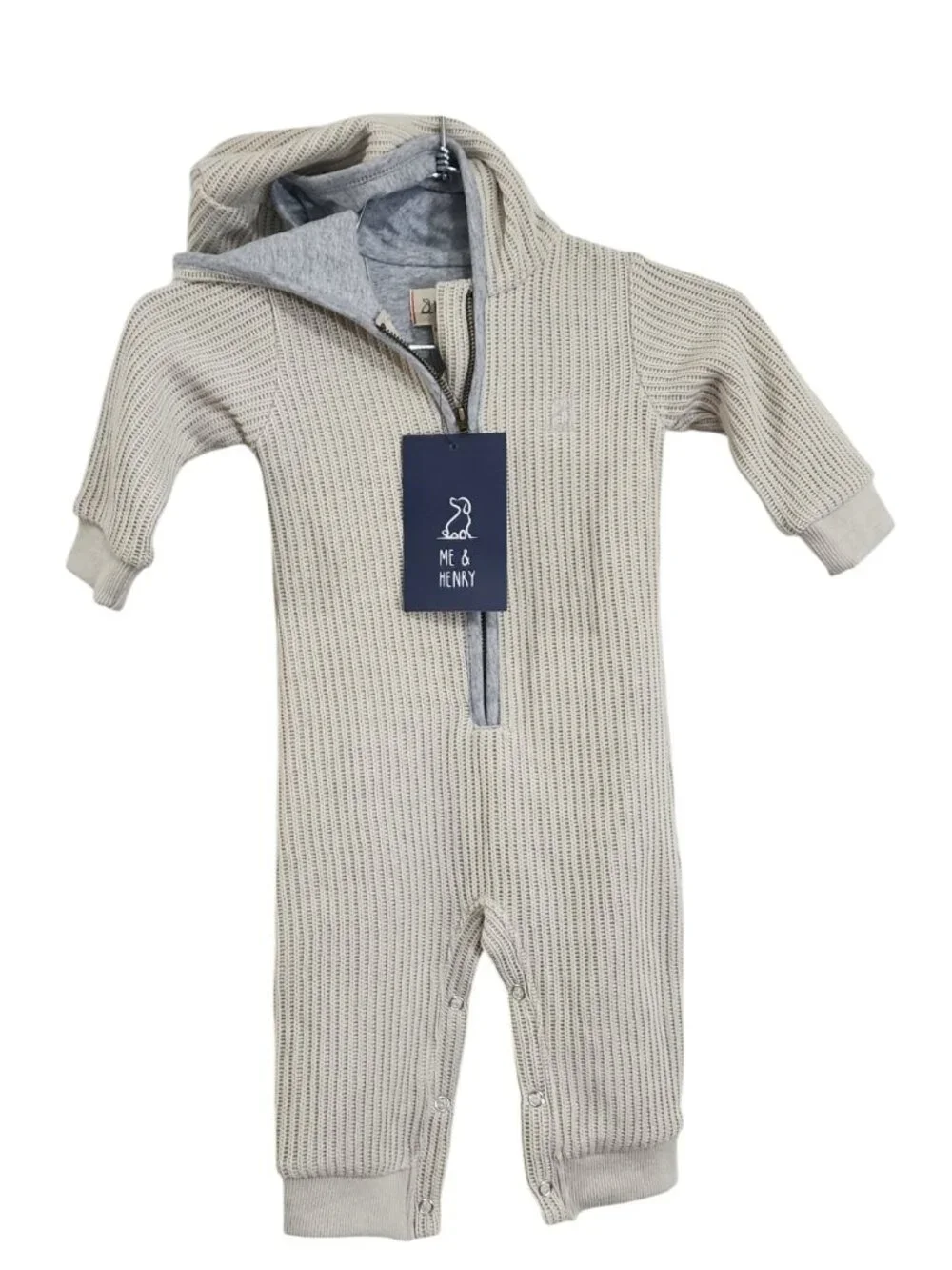 NWT - ME & HENRY Beige Long Sleeve Hooded Romper - Size 3/6m